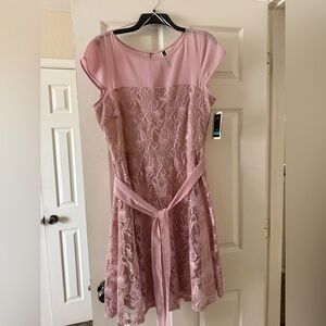 Taylor Pink Fit and Flare Midi Dress with Flutter Sleeves